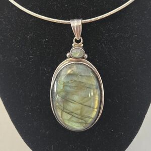 Vintage Sterling Silver Labradorite Pendant             2 3/4"X1 1/4"